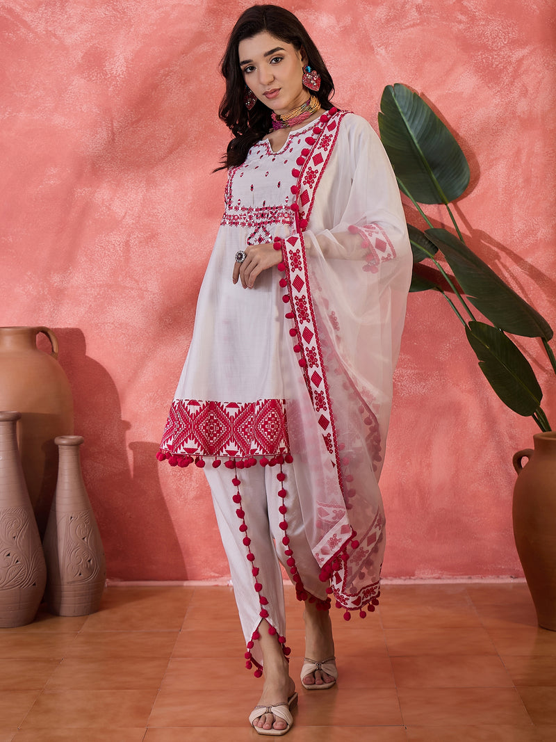 Floral Embroidered & Sequined A-Line Kurta With Dhoti Pant With Dupatta