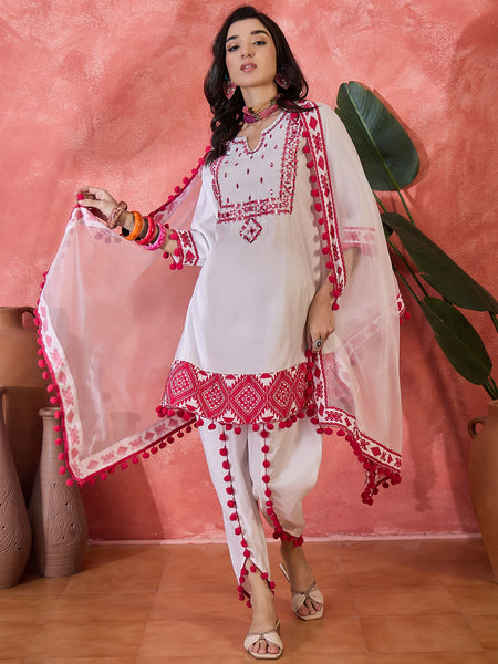 Floral Embroidered & Sequined A-Line Kurta With Dhoti Pant With Dupatta