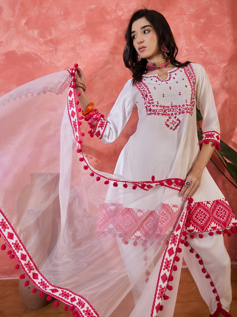 Floral Embroidered & Sequined A-Line Kurta With Dhoti Pant With Dupatta