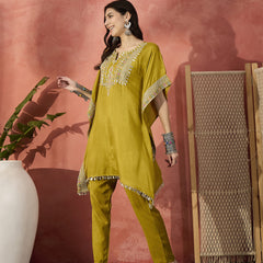 Floral Embroidered Notch Neck Kaftan Kurta With Trouser