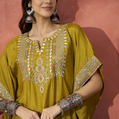 Floral Embroidered Notch Neck Kaftan Kurta With Trouser