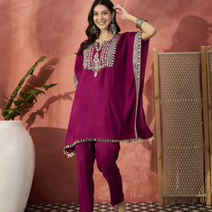 Floral Embroidered Notch Neck Kaftan Kurta With Trouser