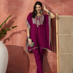 Floral Embroidered Notch Neck Kaftan Kurta With Trouser