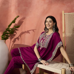 Floral Embroidered Notch Neck Kaftan Kurta With Trouser