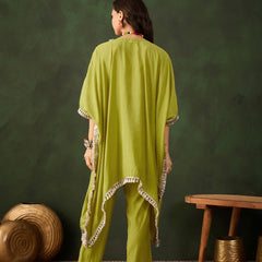Green Geometric Embroidered Mirror Work Kaftan Kurta With Trousers Kurta Set