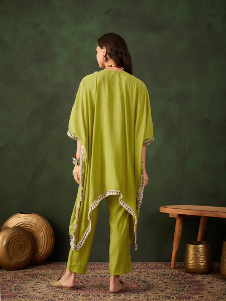 Green Geometric Embroidered Mirror Work Kaftan Kurta With Trousers Kurta Set