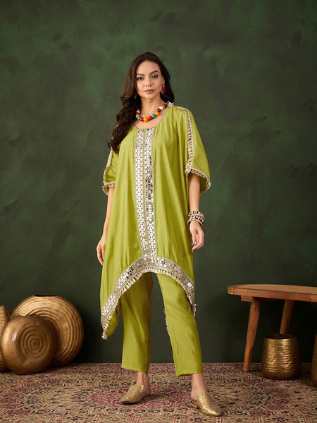 Green Geometric Embroidered Mirror Work Kaftan Kurta With Trousers Kurta Set