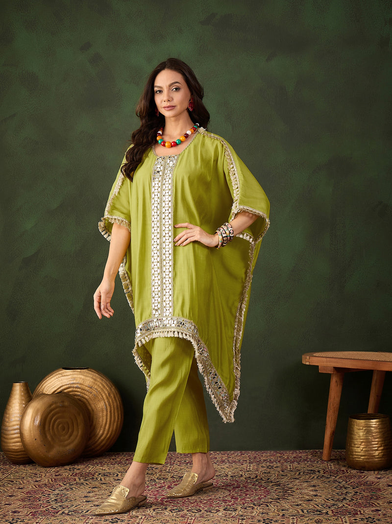 Green Geometric Embroidered Mirror Work Kaftan Kurta With Trousers Kurta Set