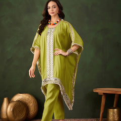 Green Geometric Embroidered Mirror Work Kaftan Kurta With Trousers Kurta Set
