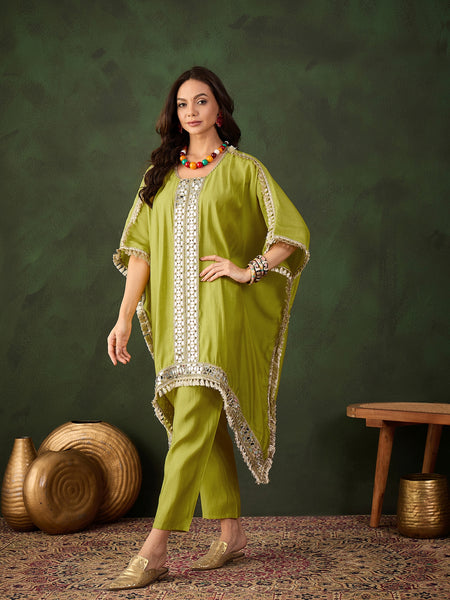 Green Geometric Embroidered Mirror Work Kaftan Kurta With Trousers Kurta Set
