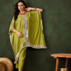 Green Geometric Embroidered Mirror Work Kaftan Kurta With Trousers Kurta Set