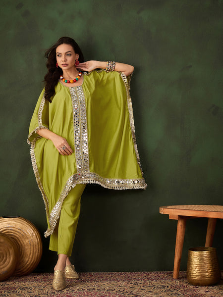 Green Geometric Embroidered Mirror Work Kaftan Kurta With Trousers Kurta Set