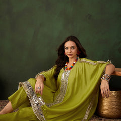 Green Geometric Embroidered Mirror Work Kaftan Kurta With Trousers Kurta Set