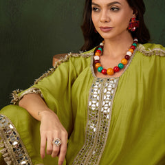 Green Geometric Embroidered Mirror Work Kaftan Kurta With Trousers Kurta Set