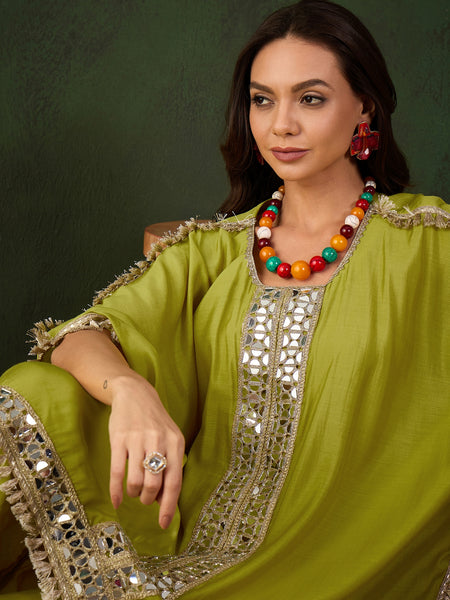 Green Geometric Embroidered Mirror Work Kaftan Kurta With Trousers Kurta Set