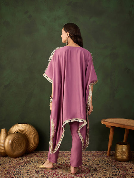 Purple Geometric Embroidered Mirror Work Kaftan Kurta With Trousers Kurta Set