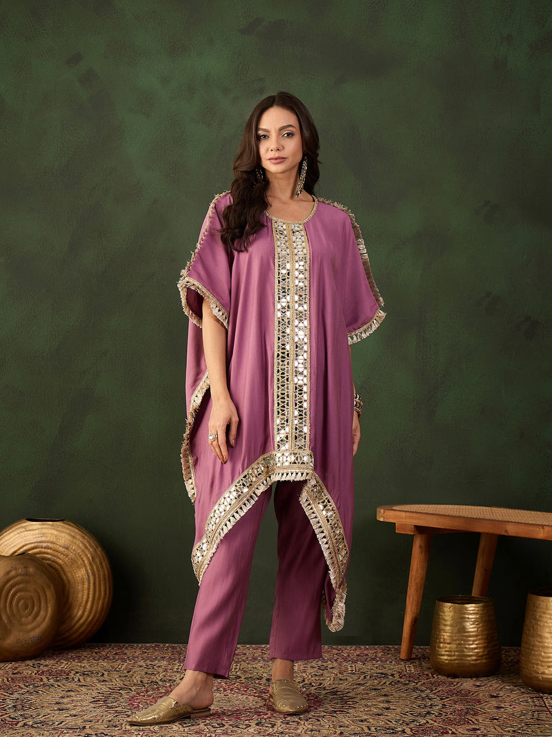 Purple Geometric Embroidered Mirror Work Kaftan Kurta With Trousers Kurta Set