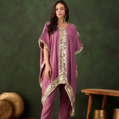 Purple Geometric Embroidered Mirror Work Kaftan Kurta With Trousers Kurta Set