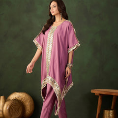 Purple Geometric Embroidered Mirror Work Kaftan Kurta With Trousers Kurta Set