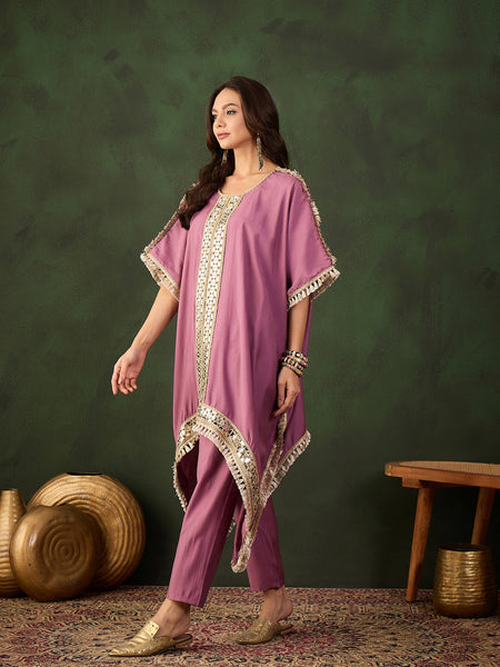 Purple Geometric Embroidered Mirror Work Kaftan Kurta With Trousers Kurta Set