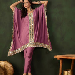 Purple Geometric Embroidered Mirror Work Kaftan Kurta With Trousers Kurta Set