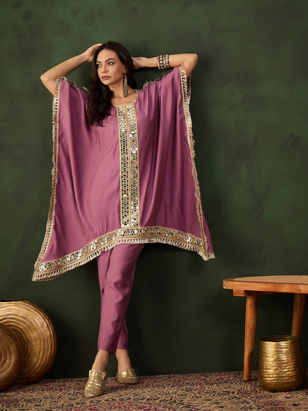 Purple Geometric Embroidered Mirror Work Kaftan Kurta With Trousers Kurta Set