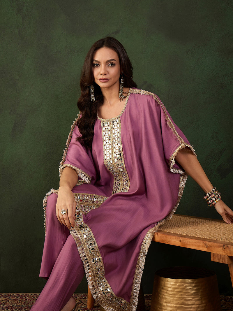 Purple Geometric Embroidered Mirror Work Kaftan Kurta With Trousers Kurta Set