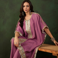 Purple Geometric Embroidered Mirror Work Kaftan Kurta With Trousers Kurta Set