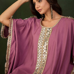 Purple Geometric Embroidered Mirror Work Kaftan Kurta With Trousers Kurta Set