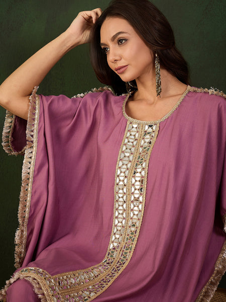 Purple Geometric Embroidered Mirror Work Kaftan Kurta With Trousers Kurta Set