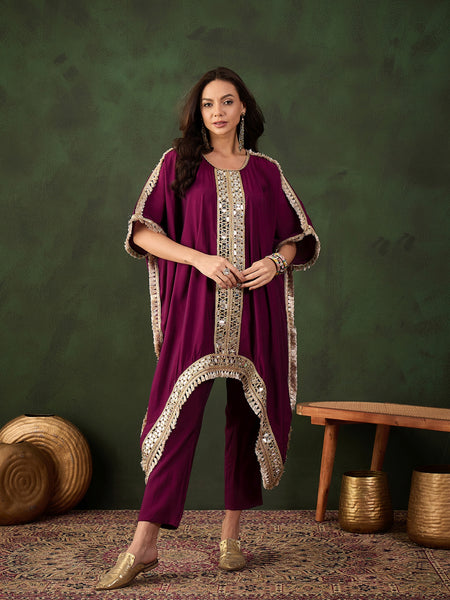 Geometric Embroidered Mirror Work Kaftan Kurta With Trousers Kurta Set