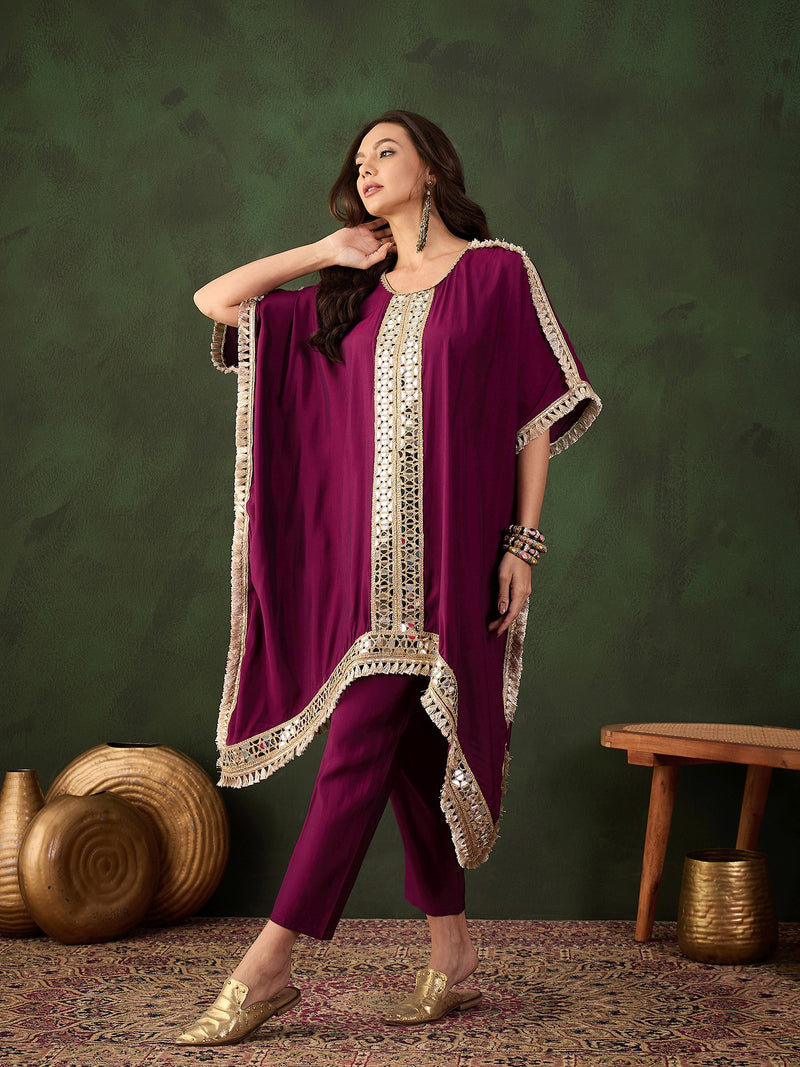 Geometric Embroidered Mirror Work Kaftan Kurta With Trousers Kurta Set