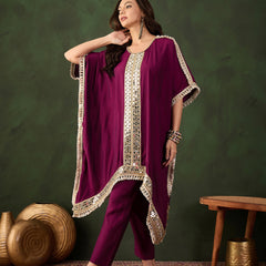 Geometric Embroidered Mirror Work Kaftan Kurta With Trousers Kurta Set