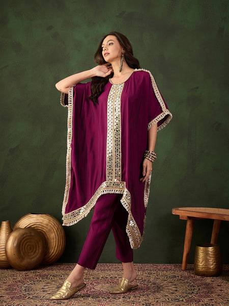 Geometric Embroidered Mirror Work Kaftan Kurta With Trousers Kurta Set