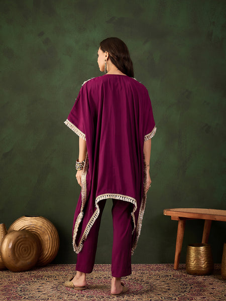 Geometric Embroidered Mirror Work Kaftan Kurta With Trousers Kurta Set