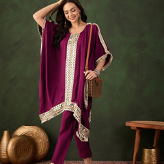 Geometric Embroidered Mirror Work Kaftan Kurta With Trousers Kurta Set