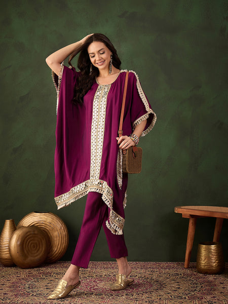 Geometric Embroidered Mirror Work Kaftan Kurta With Trousers Kurta Set