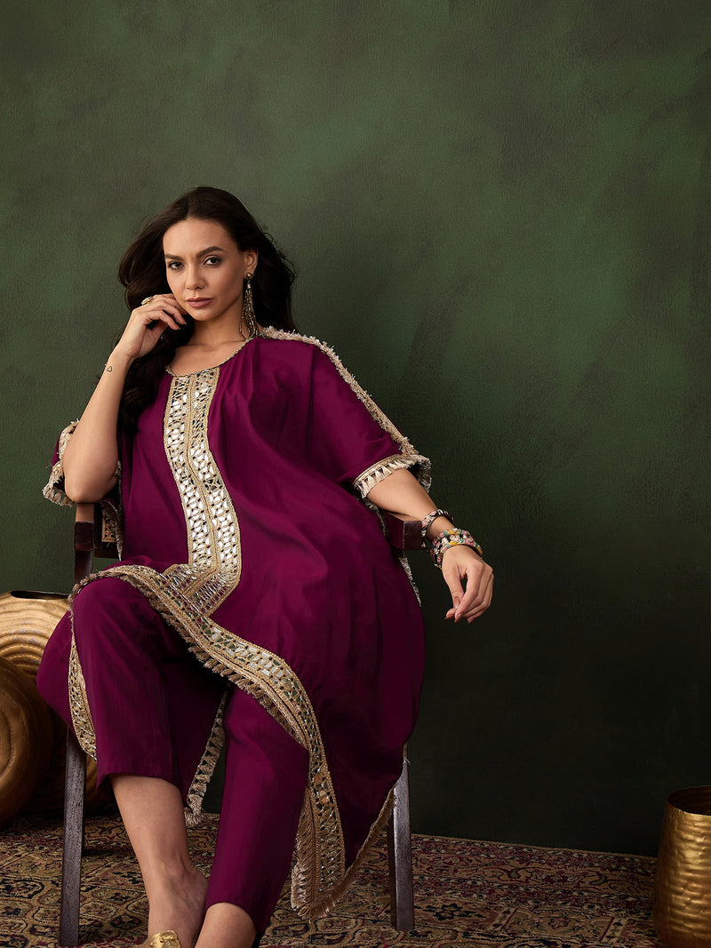 Geometric Embroidered Mirror Work Kaftan Kurta With Trousers Kurta Set