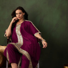 Geometric Embroidered Mirror Work Kaftan Kurta With Trousers Kurta Set