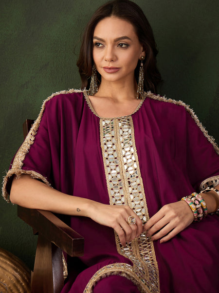 Geometric Embroidered Mirror Work Kaftan Kurta With Trousers Kurta Set