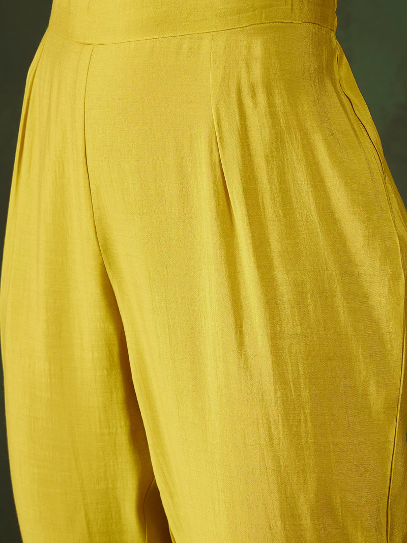 Yellow Geometric Embroidered Mirror Work Kaftan Kurta With Trousers