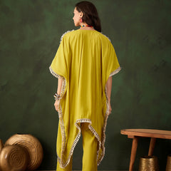Yellow Geometric Embroidered Mirror Work Kaftan Kurta With Trousers