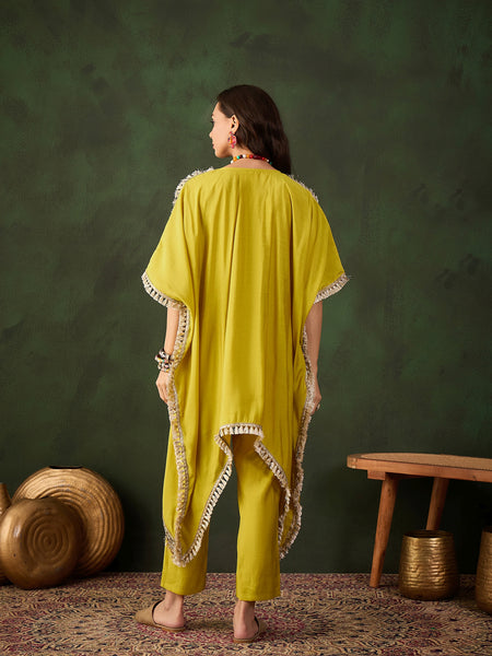 Yellow Geometric Embroidered Mirror Work Kaftan Kurta With Trousers