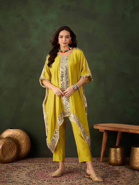 Yellow Geometric Embroidered Mirror Work Kaftan Kurta With Trousers