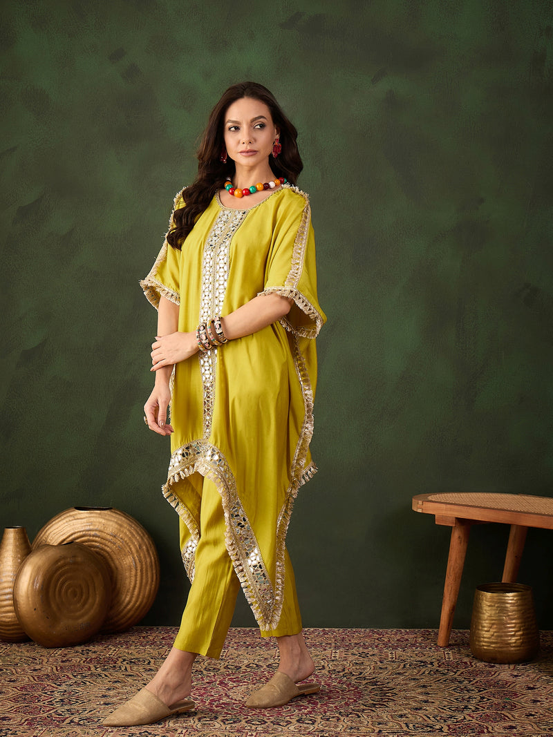 Yellow Geometric Embroidered Mirror Work Kaftan Kurta With Trousers