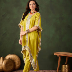 Yellow Geometric Embroidered Mirror Work Kaftan Kurta With Trousers
