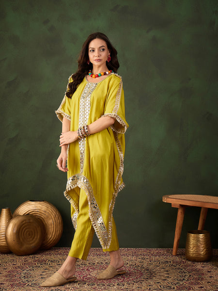 Yellow Geometric Embroidered Mirror Work Kaftan Kurta With Trousers