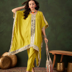Yellow Geometric Embroidered Mirror Work Kaftan Kurta With Trousers