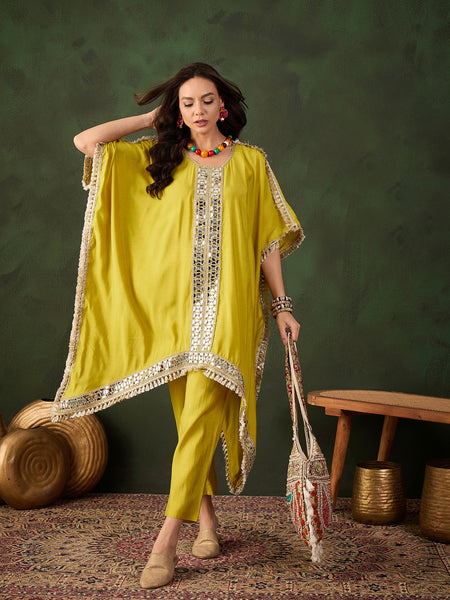 Yellow Geometric Embroidered Mirror Work Kaftan Kurta With Trousers