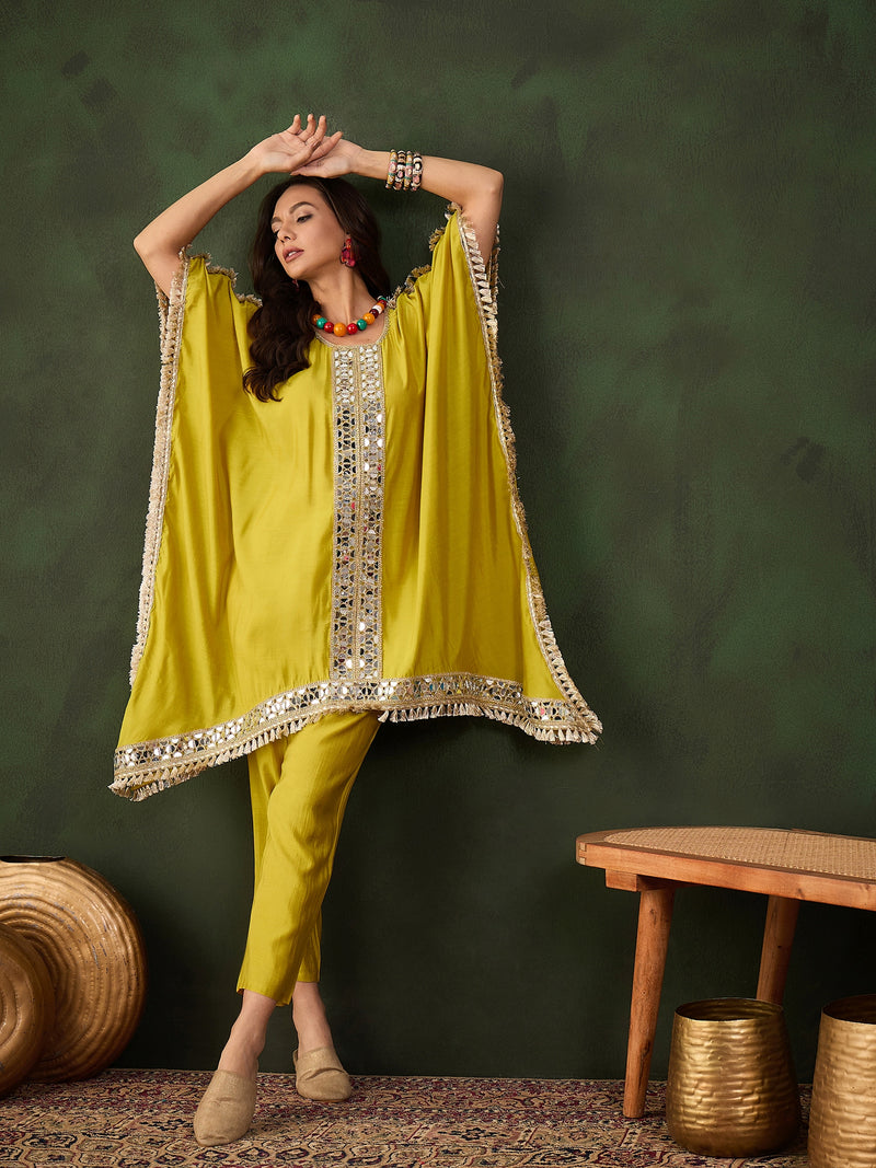 Yellow Geometric Embroidered Mirror Work Kaftan Kurta With Trousers